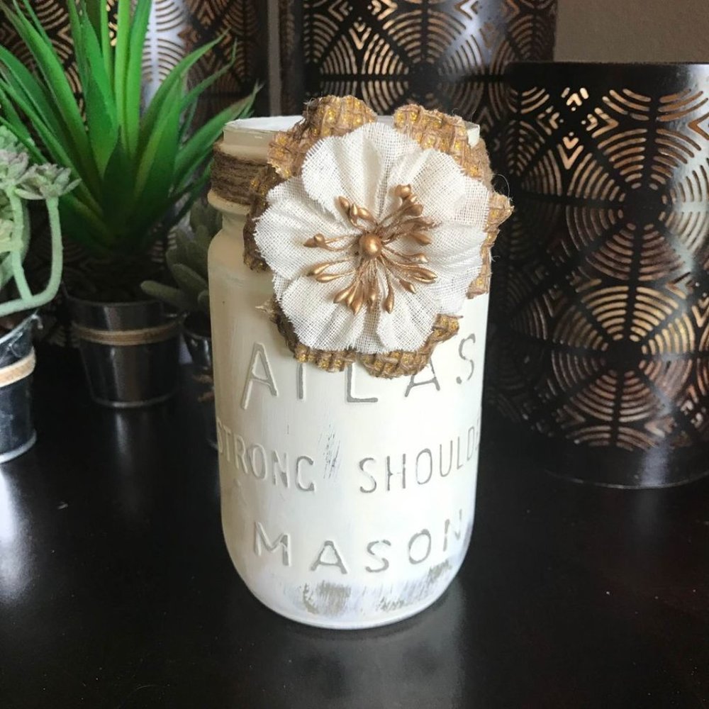 Handmade Shabby Chic Distressed Cream Mason Jar (5.25” tall x 3” diameter) (V2)